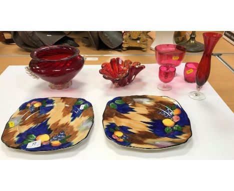 A pair of Hollinshead &amp; Kirkham of Tunstal "Autumn" pattern fruit plates, circa 1870-1900, together with a cranberry glas