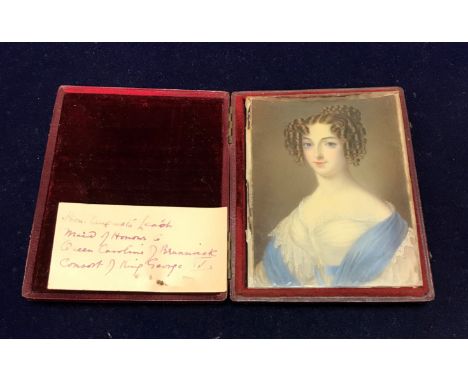 EARLY 19TH CENTURY ENGLISH SCHOOL "Lady in white dress with blue sash, her hair in ringlets", a portrait study, half length, 