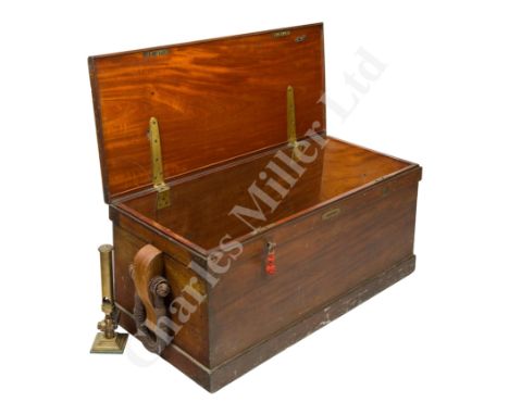 A FINE TEAK BLANKET BOX FROM THE STEAM YACHT NORIAN , CIRCA 1910 with rope becket handles, twin locks, brass strap hinges and