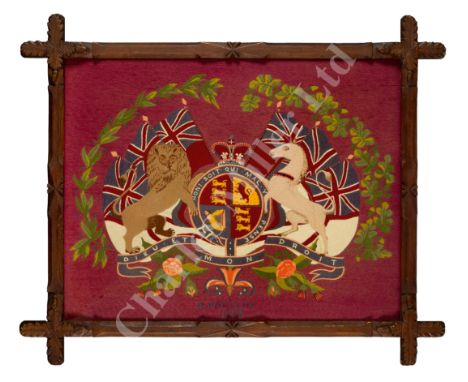A FINE LATE 19TH CENTURY SAILOR'S WOOLWORK PICTURE depicting the Royal Coat of Arms, flanked with the National flags and symb