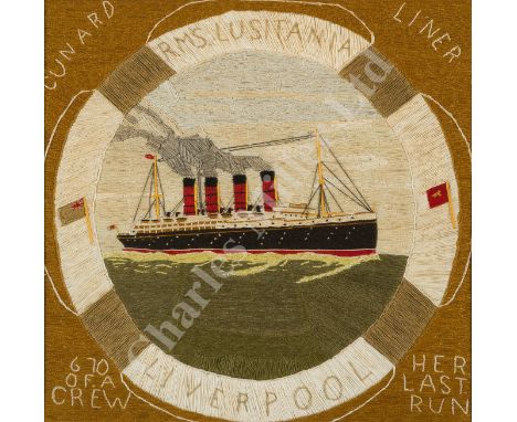 AN UNUSUAL SET OF THREE WOOLWORKS DEPICTING THE SINKING OF THE LUSITANIA the first two composed as a pair and depicting the l