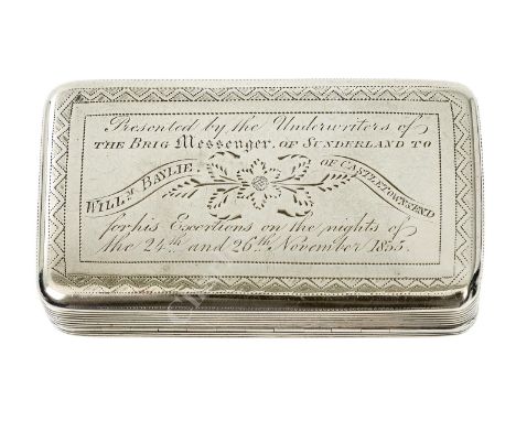 A PRESENTATION SILVER SNUFF BOX, CIRCA 1835 the foliate lid with gilt-lined interior bearing Birmingham marks for 1832/33, re