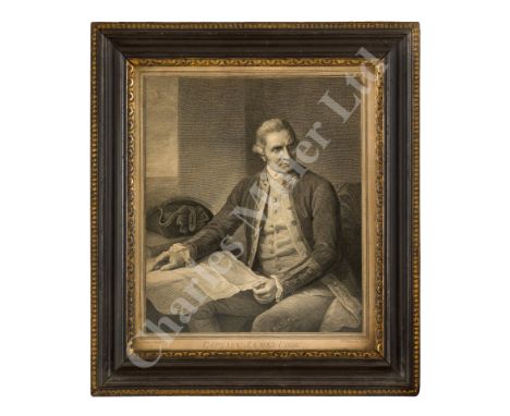 AN 18TH CENTURY ENGRAVING OF CAPTAIN JAMES COOK after the portrait by Nathaniel Dance engraved by J.K. Sherwin and contained 