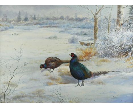 § Philip Rickman (1891-1982) Melanistic mutant pheasants in the snowsigned and dated lower right 'Philip Rickman / 1932'water