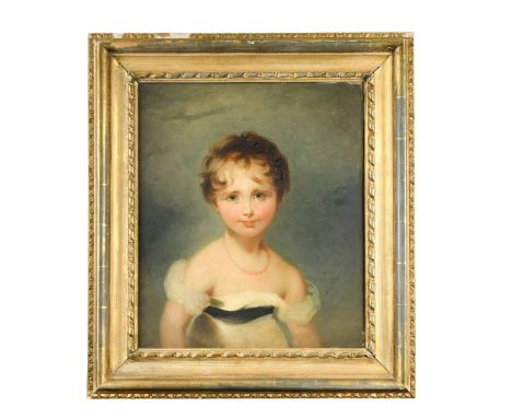 Circle of Margaret Sarah Carpenter (1793-1872) Portrait of a girl in white dress with blue sashoil on canvas52.5 x 45cmThe pa