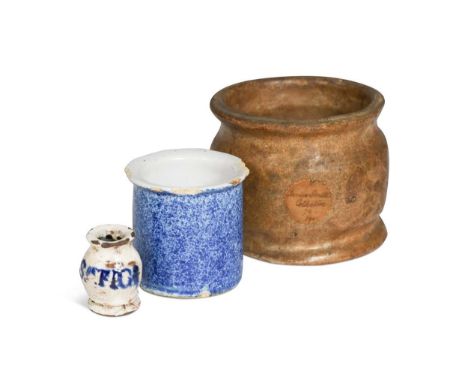 Three early drug or ointment pots, comprising a 17th century earthenware jar with 'James Smith Collection' paper label, proba