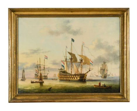 Circle of Dominic Serres, RA (1722-1793)  Portrait of the 50-gun Dutch warship LEEUWARDEN at anchor with its fleet  oil on ca