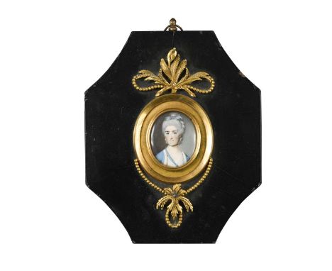 Attributed to George Engleheart (1750-1829) Portrait miniature of a lady wearing blue open robe with white fur trim over whit