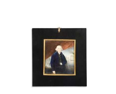 English School, circa 1810 Portrait miniature of a gentleman, said to be Mr Greenwood, standing three-quarter length before a