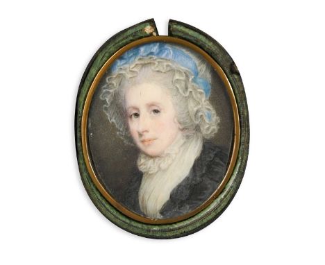 Circle of Richard Cosway RA (1742-1821) Portrait miniature of a lady in a mobcap with blue ribbonwatercolour on ivory, oval3.