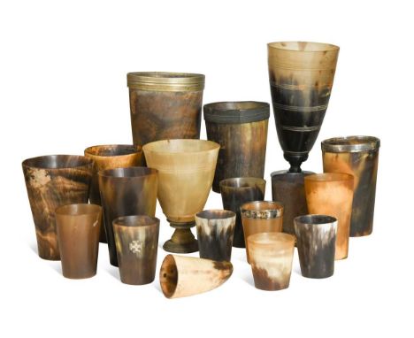 A large collection of horn beakers and goblets, mostly 19th and early 20th century,  of varying sizes, but to include a small