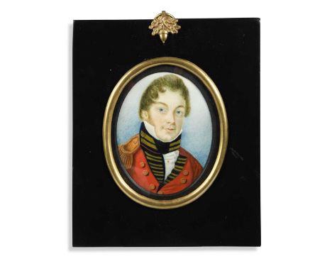 English School, circa 1800 Portrait miniature of an officer in red uniform and a single epaulette watercolour on ivory, oval8