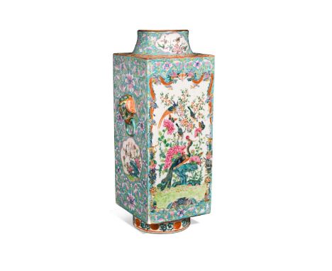 A Chinese famille rose porcelain square section vase, late Qing Dynasty, circa 1890,  with elephant mask and ring side handle