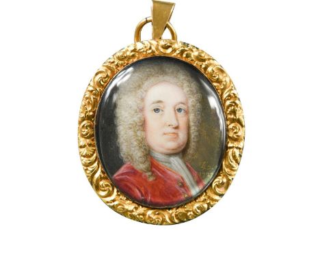 Bernard Lens III (1682-1740) Portrait miniature of a gentleman, believed to be Major Edmund Wright, in a red velvet coat with