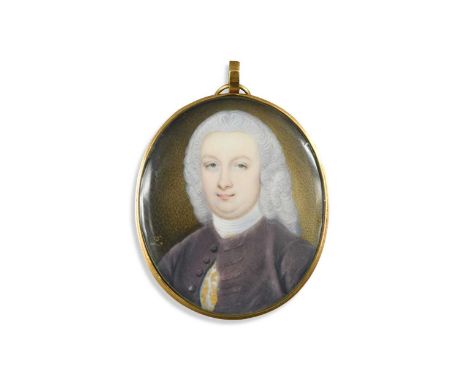 Peter Paul Lens (1714 - after 1754) Portrait miniature of a gentleman in a dark purple coatsigned with gold monogram 'PL' low