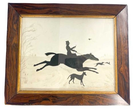 A silhouette of a rider and dogs pursuing a hare, 19th century, ink and watercolour28.5 x 36cmCut out, some light surface dir