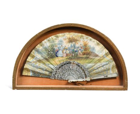 Two framed French fans, 19th century,  to include an example with mother of pearl pierced and carved sticks and guards, hand 