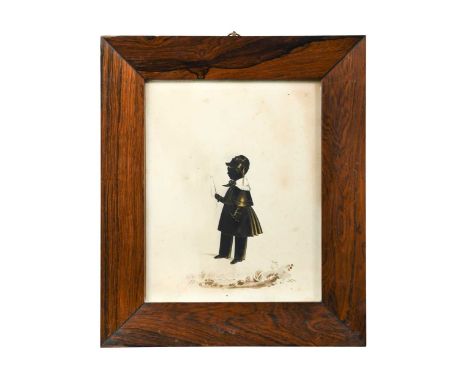 A trio of silhouettes of children, 19th century, the first showing a child in profile holding a riding crop, the second showi