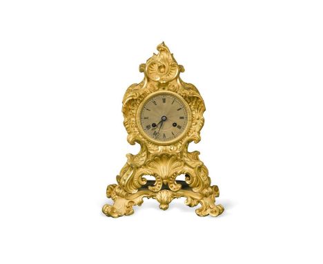 An ormolu mantel clock, 19th century, the waisted heavily scroll moulded case with 9cm silvered dial and 'Pons Medaille d'Or'
