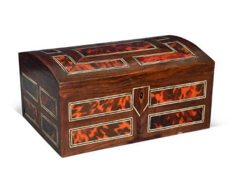 A tortoiseshell and ivory strung rosewood box, 19th century,  the domed hinged top opening to reveal a lift-out tray of 23 va