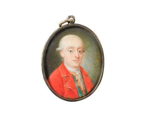 Attributed to Wilhelm Andreas Müller (1733-1816)  Portrait miniature of a gentleman in a red coat and green waistcoatverso wi