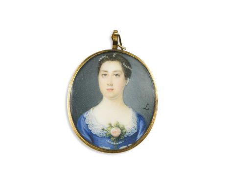 Bernard Lens III (1682-1740) Portrait miniature of a lady in a blue dress with a pink rose at her breast and pearls in her ha