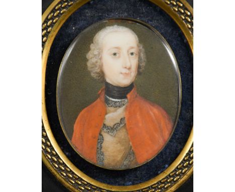 Andrew Benjamin Lens (c.1713- after 1779) Portrait miniature of a gentleman in red coat and lace trimmed brown doubletwaterco