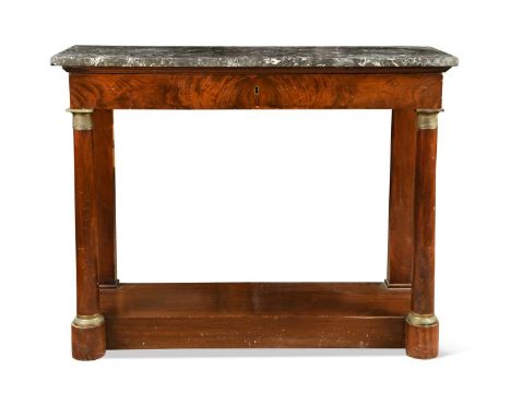 An Empire style marble-topped mahogany console table, 19th century, the rectangular marble top above a single frieze drawer r