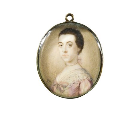 Penelope Carwardine (1730-1801) Portrait miniature of a lady in pink dress with a bow and a pearl necklacesigned with initial