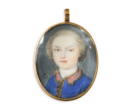 Peter Paul Lens (1714 - after 1754) Portrait miniature of a boy, wearing a blue coat with a pink collar and gold embroidered 