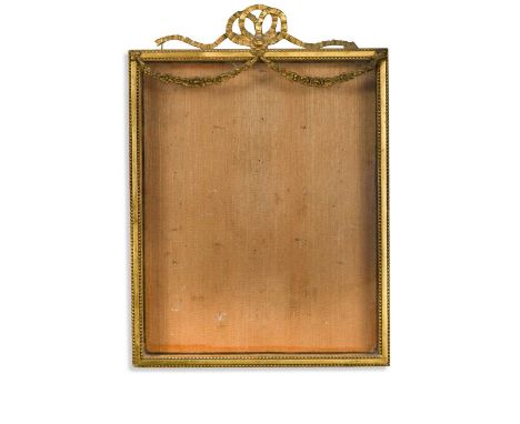 A rectangular portrait miniature display case, the lid of gilded wood, with glazed hinged door and natural weave lining, the 