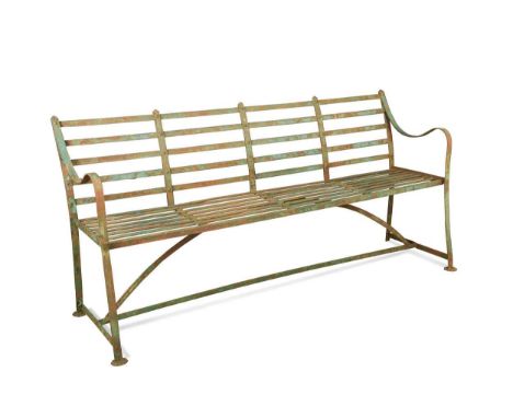 A wrought iron bench by Barnard, Bishop & Barnard, Norwich, mid-19th century, with traditional wrought iron strapwork frame90