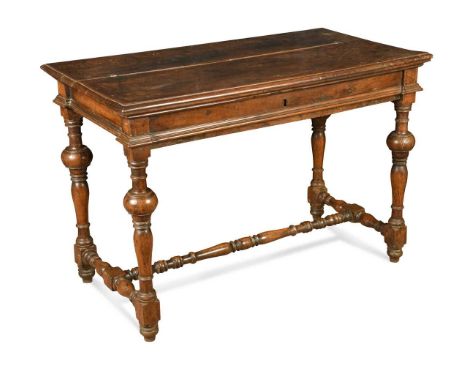 An Italian walnut side table, 17th century, the part hinged rectangular top with single frieze drawer on turned legs and stre