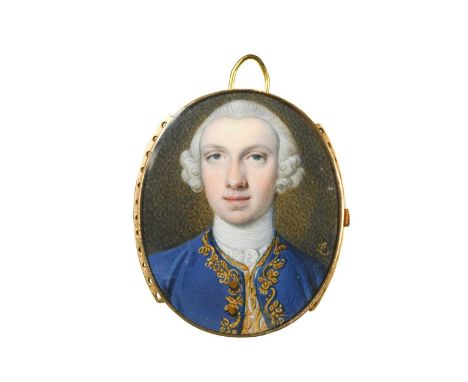 Peter Paul Lens (1714 - after 1754) Portrait miniature of a gentleman in a gold embroidered blue coat and similarly embroider