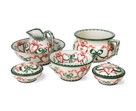 A Wemyss 'Queensberry House' wash set, circa 1895, comprising a chamber pot, two soap dishes with liners and covers, a twin-h