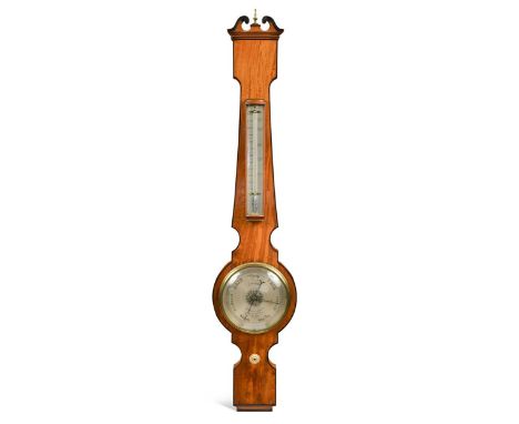 A satinwood banjo barometer by Dixey, London, of narrow proportions, 19th century, with silvered 6inch dial signed 'C W Dixey