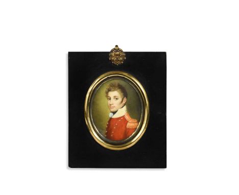 English School, circa 1800 Portrait miniature of an officer in red uniform with white standing collarsigned indistinctly lowe