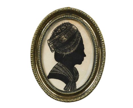 A group of five oval portrait silhouettes, 18th and 19th century, to include a reverse-painted glass silhouette of a lady ins