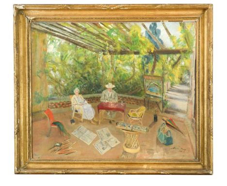 § Lady Rhoda Birley (1899-1981)  Sir Winston and Lady Churchill in the Loggia, Villa Capponcina, Cap d'Ail signed and dated l