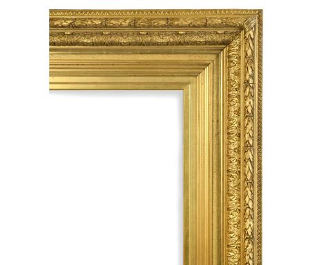 A gilt and gesso frame, 19th century, with laurel leaf-and-berry ornament at the top edge and guilloche at the back edge sigh