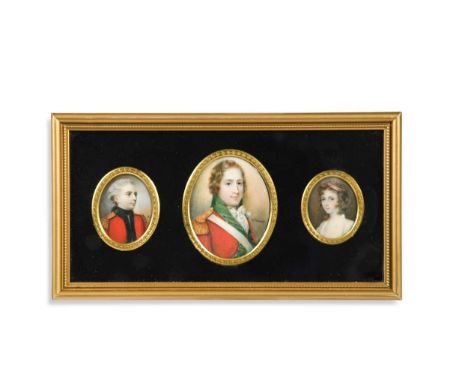 Anthony Stewart (1773-1846) Family group of three portrait miniatures: in the centre - Captain Martin O'Brian in red uniform 