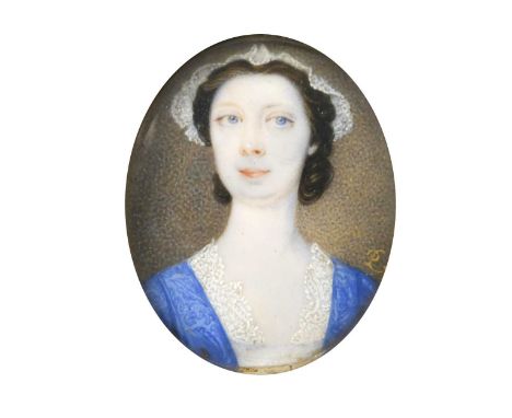 Peter Paul Lens (1714 - after 1754)  Portrait miniature of a lady, wearing a blue dress, lace chemise and a lace cap signed w