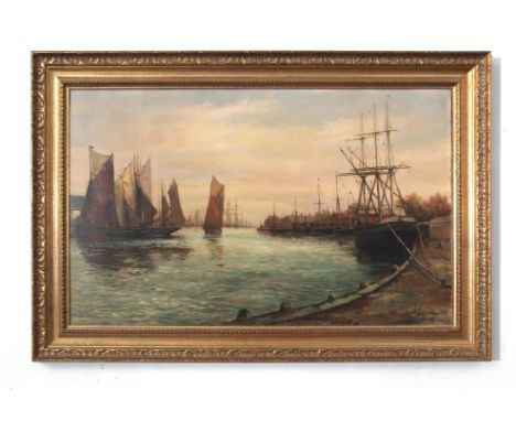 Percy Lionel (19th/20th century), Harbour scene with boats, oil on canvas, signed and dated 1891 lower right, 47 x 77cm