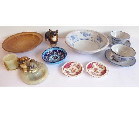 A selection of ornamental and decorative ceramics to include a brown studio-ware bowl, studio-ware-style cups-and-saucers dec