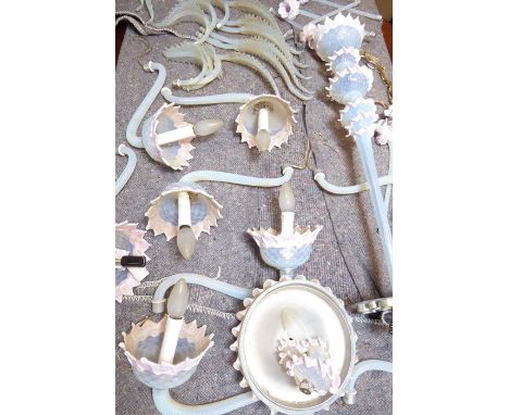 A large and unusual French frosted and opalescent glass chandelier, five lights and with matching flower heads and leaves etc