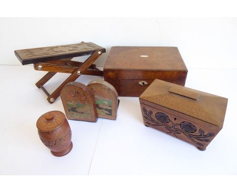 Various treen to include: a 19th century walnut jewellery box with lift-out interior, an oak sarcophagus-shaped two-division 