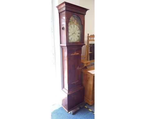 A large mid-19th century mahogany-cased eight-day broken-arch longcase clock; the outset cornice above a 13 1/2 inch painted 