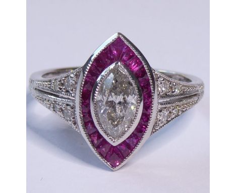 An 18-carat white-gold marquise-shaped diamond and ruby cluster ring, the centre stone approx. 0.65 carat
(The cost of&nbsp;U