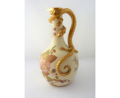 A late 19th century Royal Worcester baluster-shaped blush porcelain jug; hand-gilded and decorated with flowers etc.,&nbsp;th