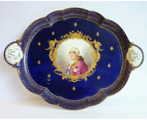 A late 19th/early 20th century Sèvres-style two-handled porcelain serving tray centrally decorated with a vignette of a Frenc